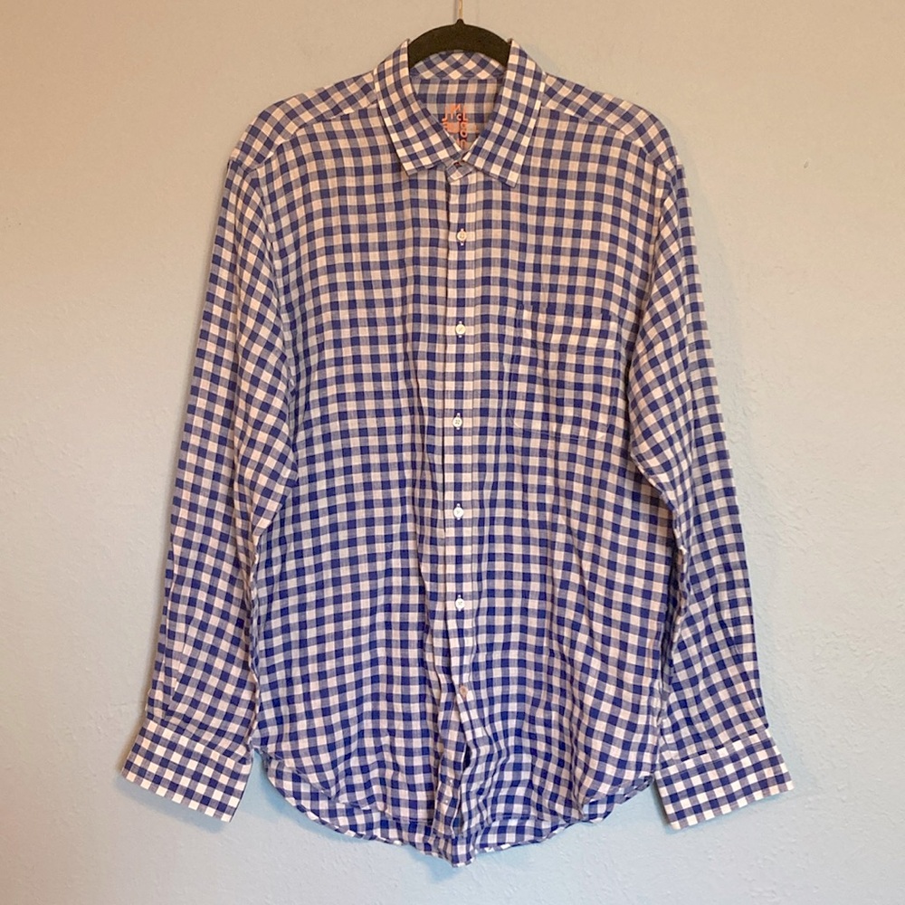 J. McLaughlin Mens Size L Blue White Check Gingham Plaid Button Up Linen Shirt